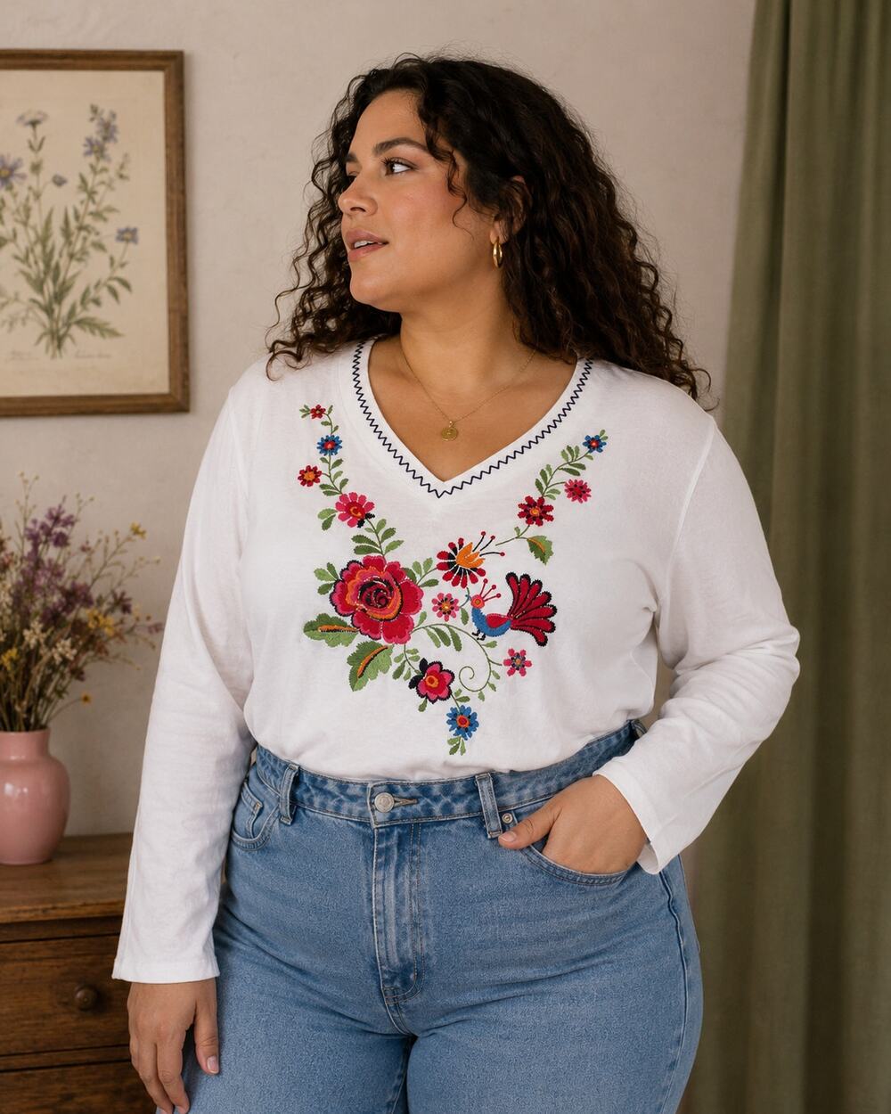 VTG Y2K White Stag Folkloric Floral Embroidered Long Sleeve Top L Cottagecore